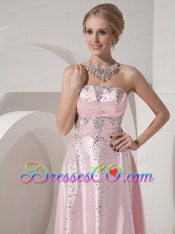 Custom Made Baby Pink Evening Dress Empire Strapless Elastic Woven Satin Beading Long