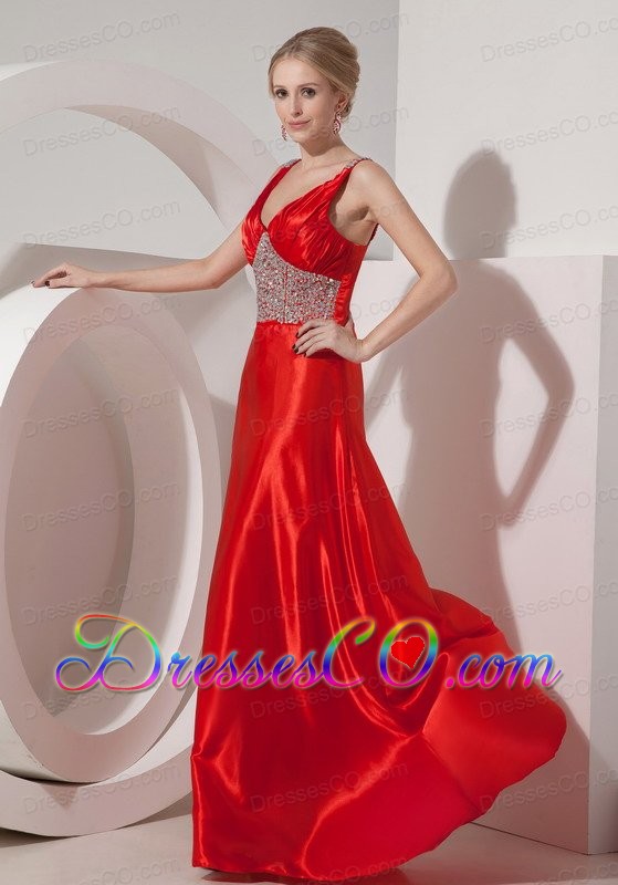 Modest Red A-line V-neck Prom Dress Silk Like Satin Beading Brush Train