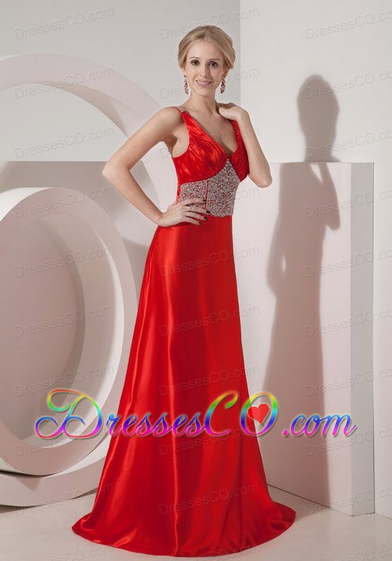 Modest Red A-line V-neck Prom Dress Silk Like Satin Beading Brush Train