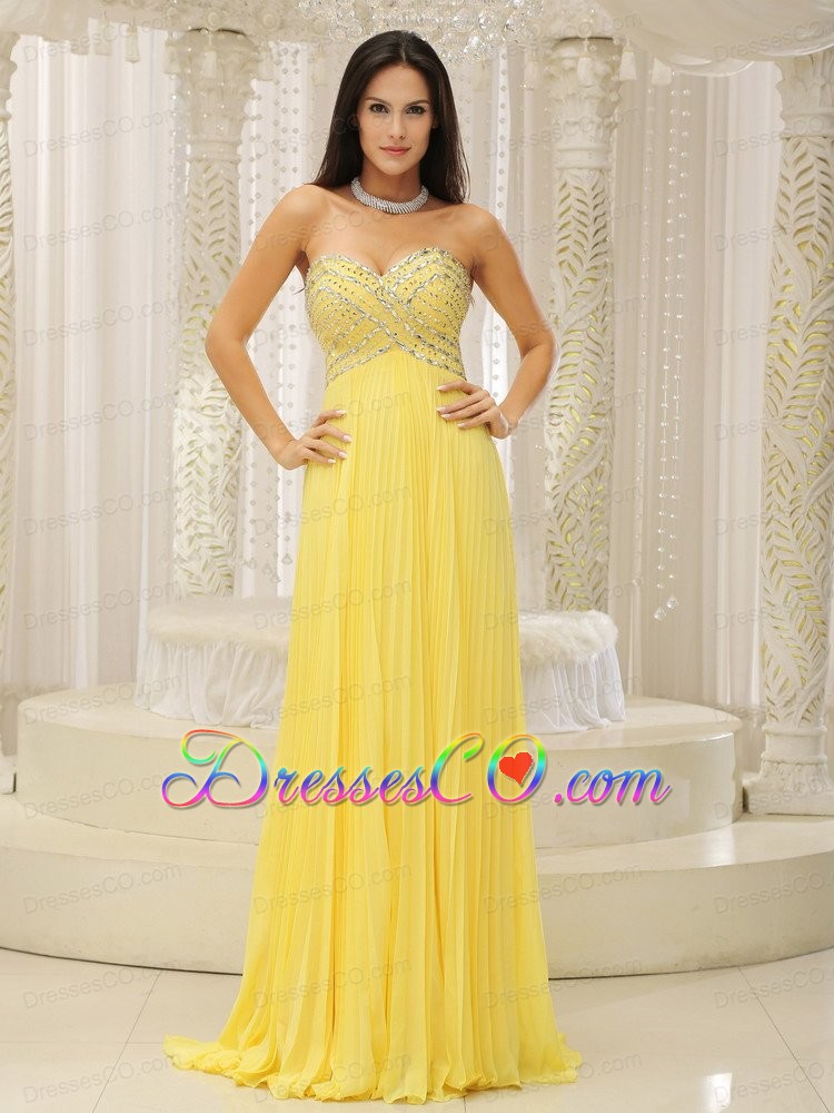 Yellow and Beaded Decorate Bust Pleat For Prom Dress