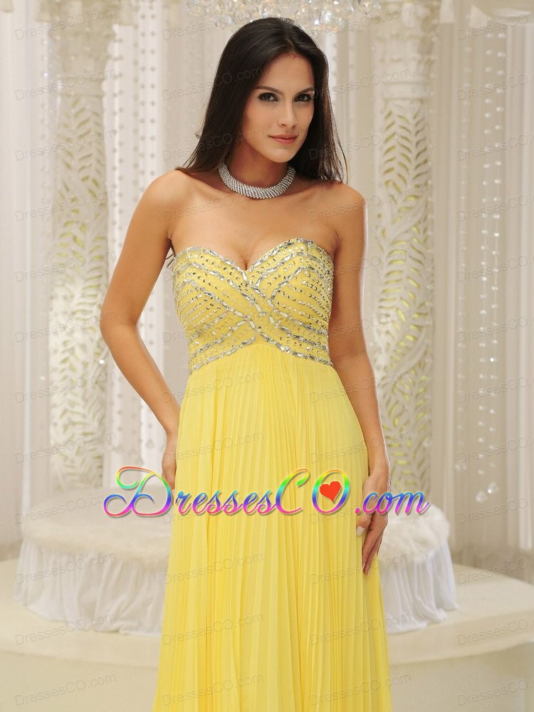 Yellow and Beaded Decorate Bust Pleat For Prom Dress