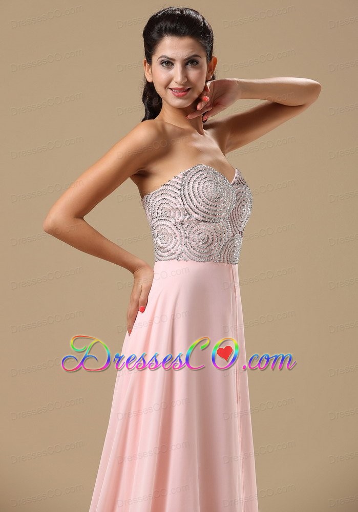 Beaded Decorate Up Bodice Neckline Light Pink Chiffon Brush Train Prom Celebrity Dress