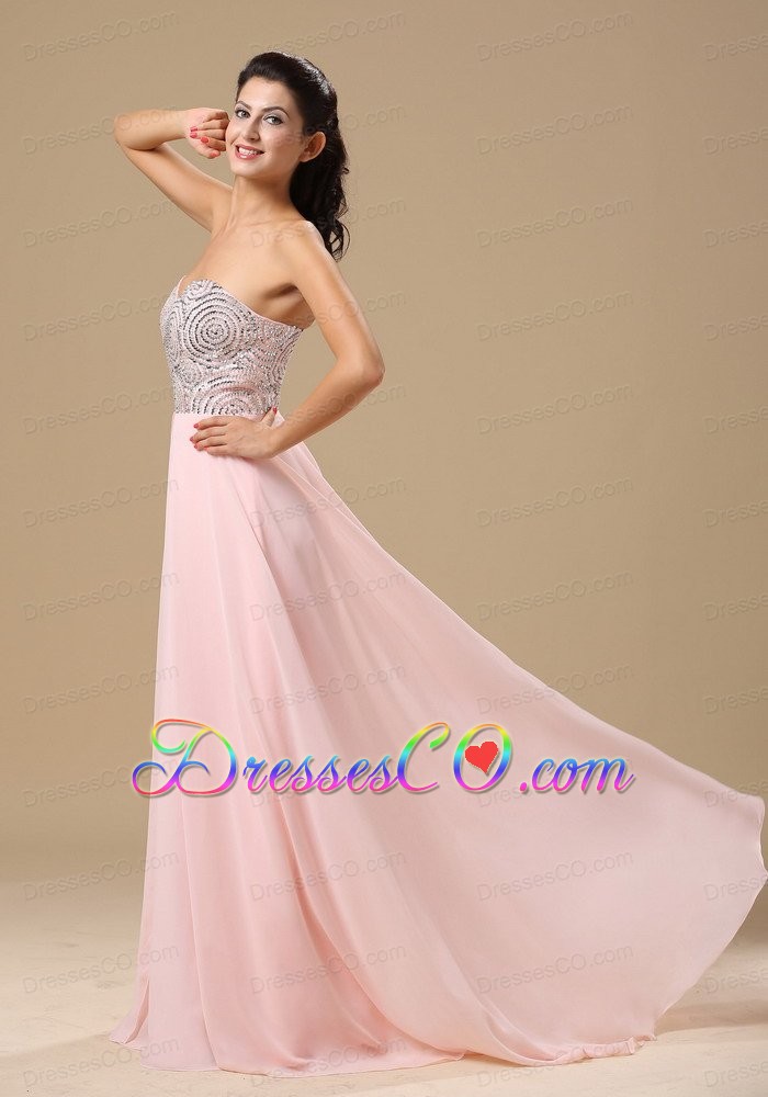 Beaded Decorate Up Bodice Neckline Light Pink Chiffon Brush Train Prom Celebrity Dress