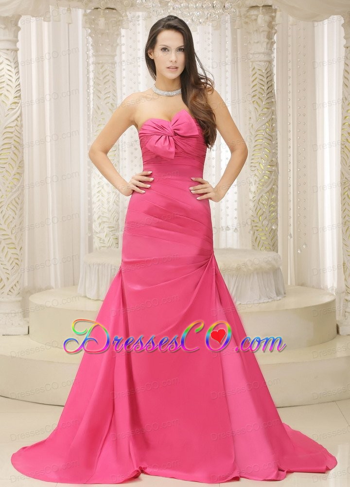 Rose Pink A-line and Bowknot For Prom Dress Ruched Bodice Custom Made Satin