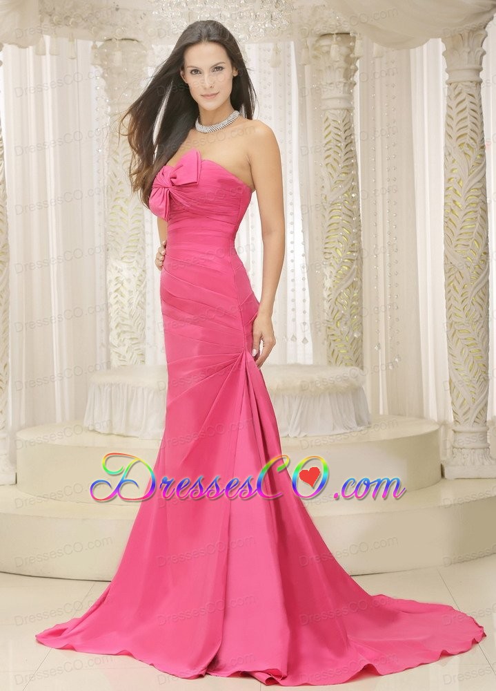 Rose Pink A-line and Bowknot For Prom Dress Ruched Bodice Custom Made Satin