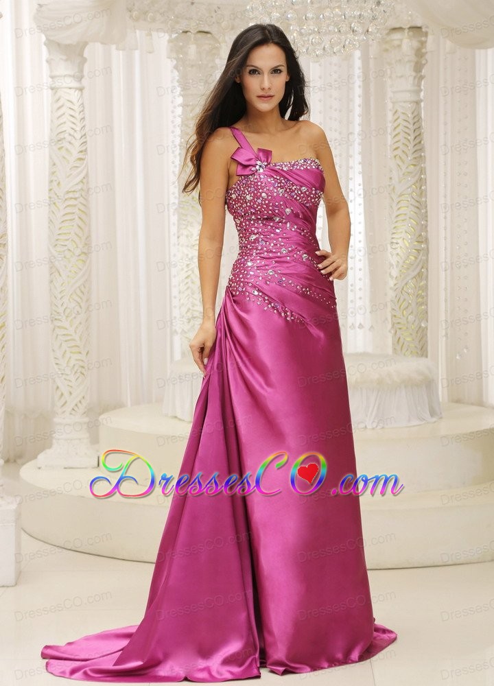 One Shoulder Beaded Decorate Bodice Satin For Prom Dress