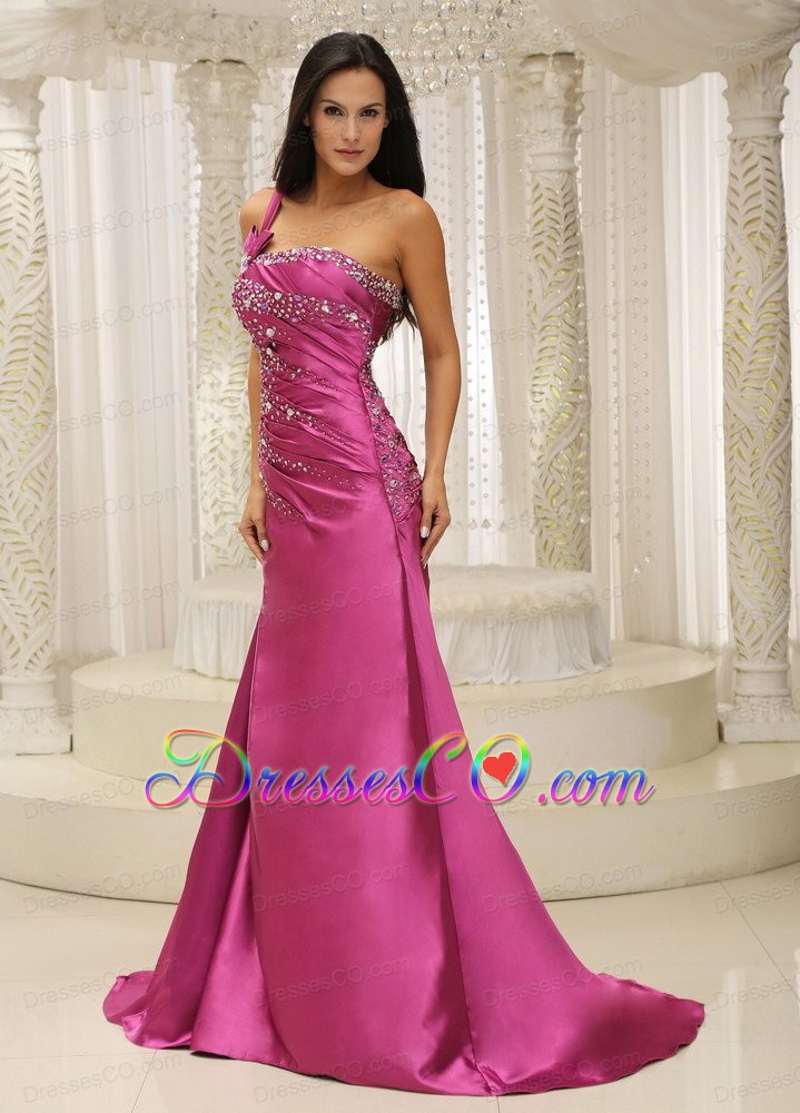One Shoulder Beaded Decorate Bodice Satin For Prom Dress