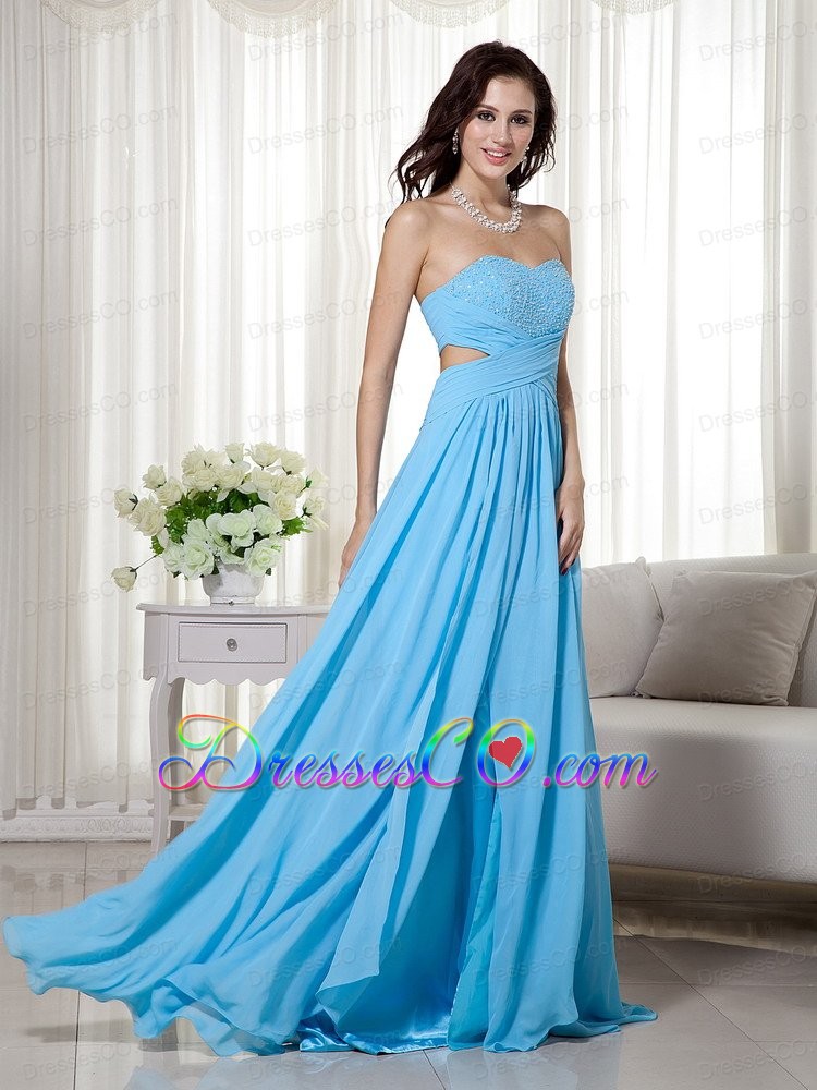 Aqua Blue Empire Brush Train Chiffon Beading Prom Dress