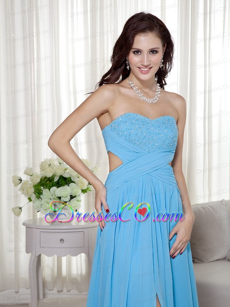 Aqua Blue Empire Brush Train Chiffon Beading Prom Dress