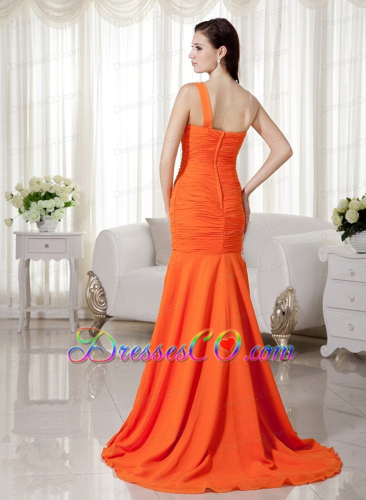 Orange Mermaid One Shoulder Brush Train Chiffon Appliques Prom Dress
