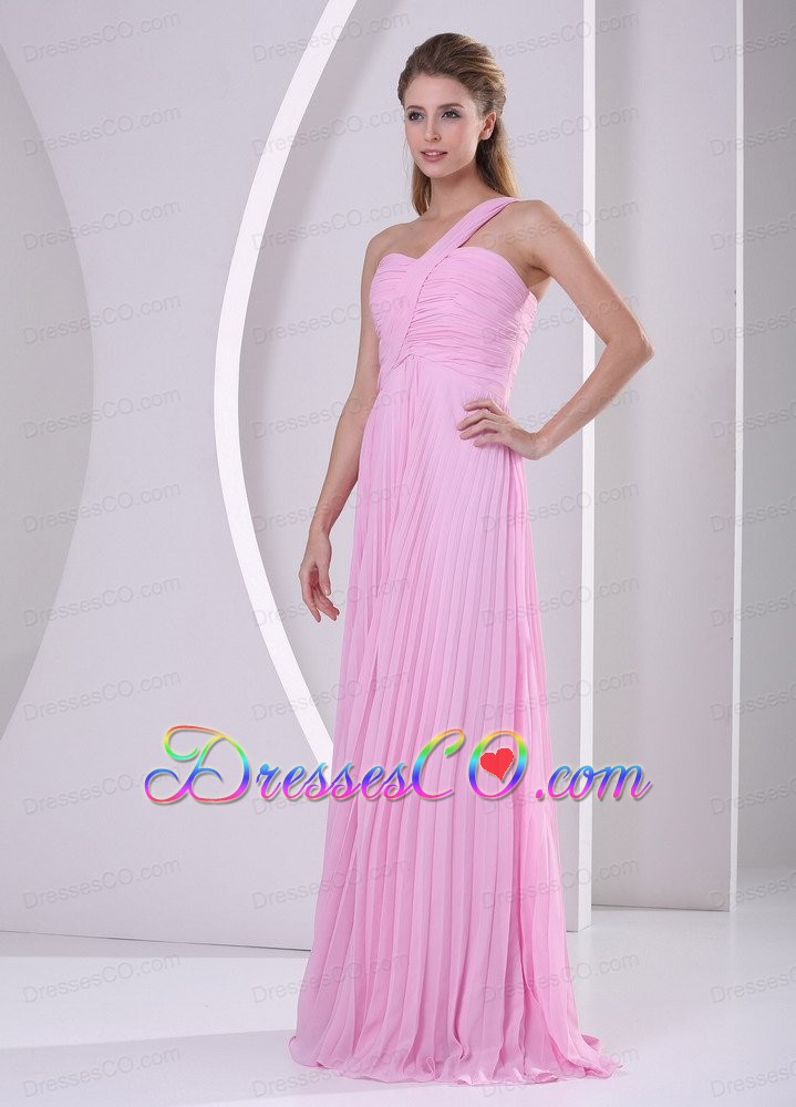 Pink One Shoulder Pleat Chiffon Empire Brush Train Prom Dress For Party