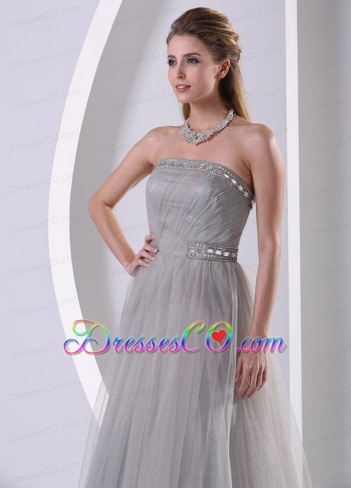 Grey Tulle A-line Strapless Beaded Simple Plus Size Prom Dress With Sweep Train