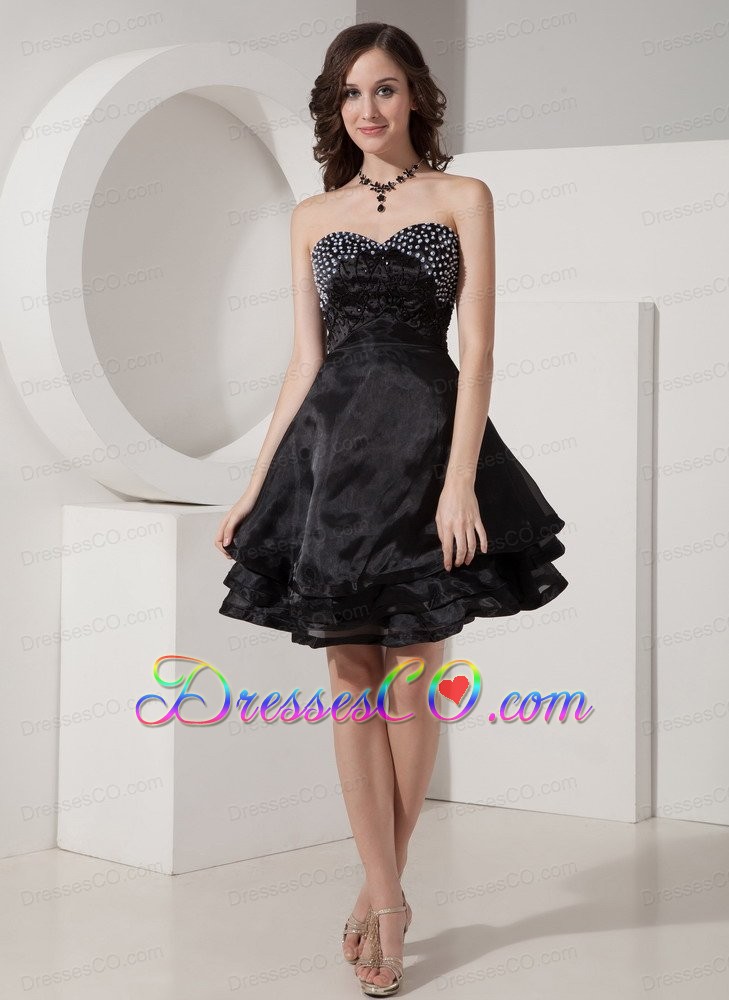 Cute Black Little Black Dress A-line / Princess Organza Beading Mini-length