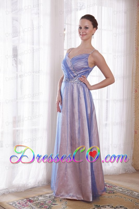 Lilac Empire Straps Long Tulle And Taffeta Beading Prom Dress