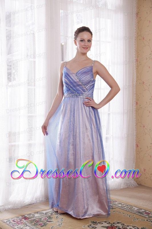 Lilac Empire Straps Long Tulle And Taffeta Beading Prom Dress
