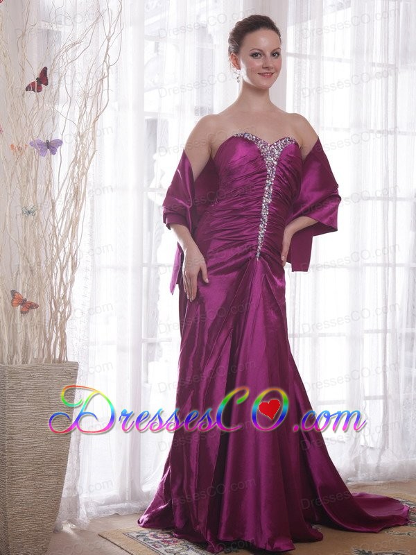 Dark Purple A-Line / Princess Court Train Taffeta Beading Prom Dress