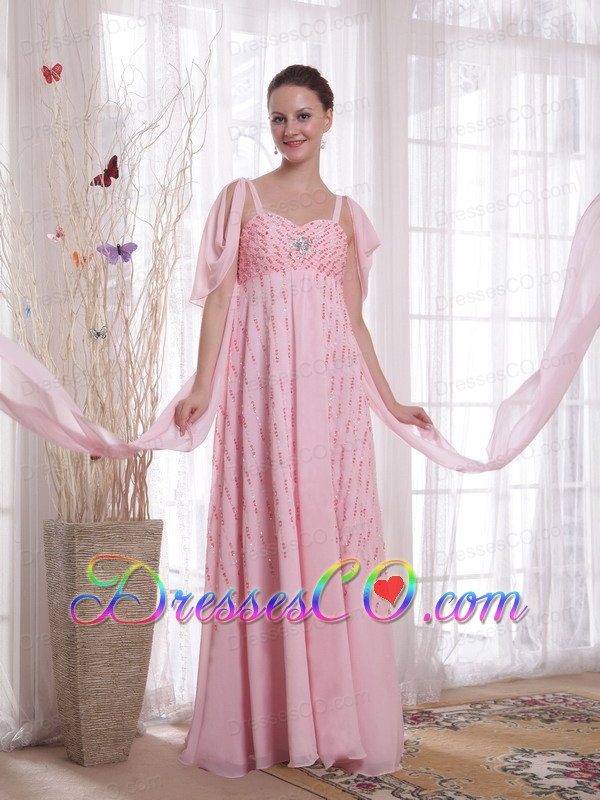 Pink Empire Straps Watteau Train Chiffon Beading and Sequins Prom / Evening Dress