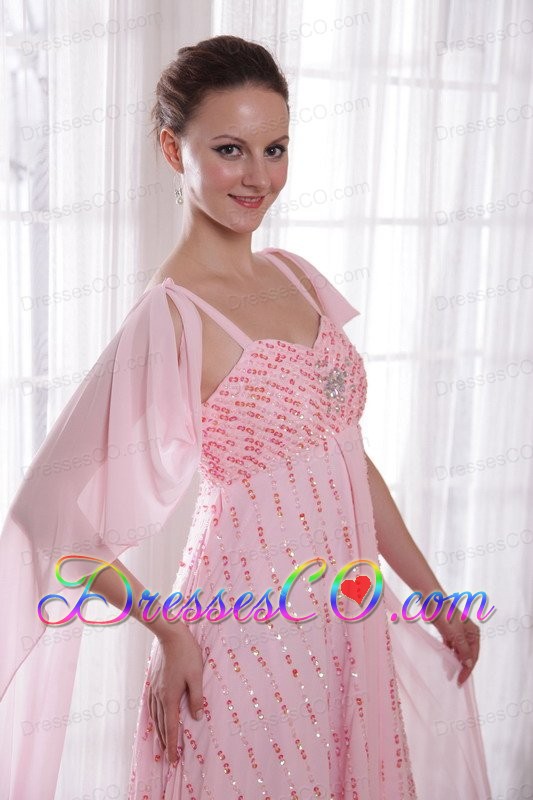 Pink Empire Straps Watteau Train Chiffon Beading and Sequins Prom / Evening Dress