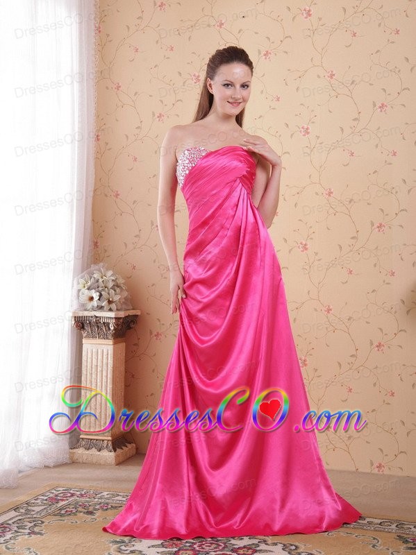 Hot Pink Empire Brush Train Taffeta Beading and Ruching Prom / Celebrity Dress