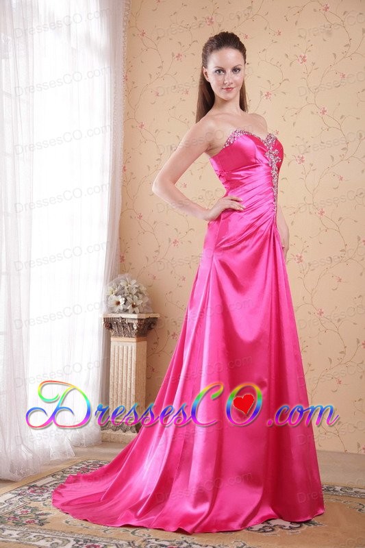 Hot Pink Empire Sweep / Brush Train Taffeta Beading Prom Dress