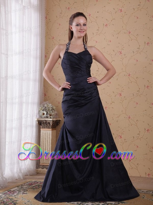 Popular A-line / Princess Halter Long Taffeta Beading Prom Dress