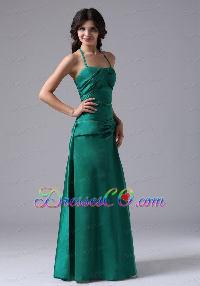 Halter Dark Green Ruched Bodice For Prom / Evening Dress With Long Taffeta