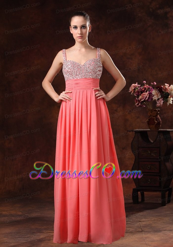 Beaded Decorate Straps And Bust Ruched Watermelon Red Chiffon Long Prom / Evening Dress