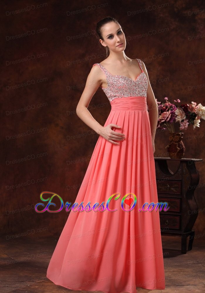 Beaded Decorate Straps And Bust Ruched Watermelon Red Chiffon Long Prom / Evening Dress