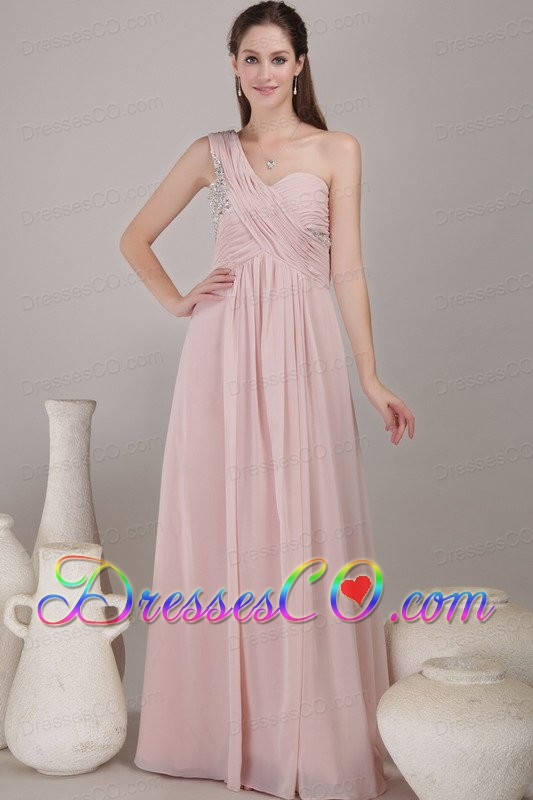 Baby Pink Empire One Shoulder Long Chiffon Beading Prom Dress
