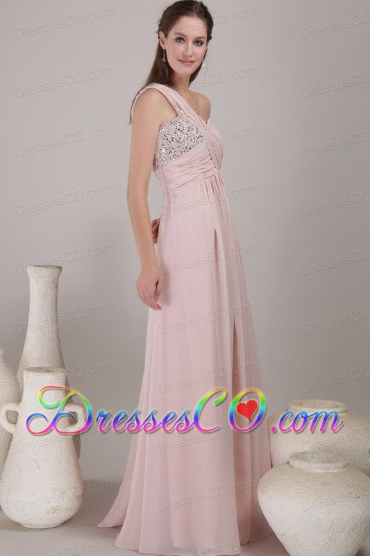 Baby Pink Empire One Shoulder Long Chiffon Beading Prom Dress
