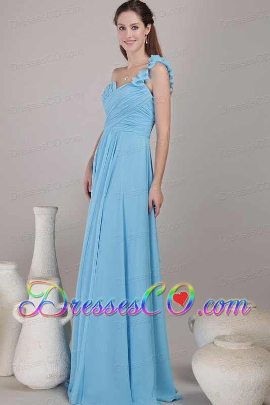 Baby Blue Empire One Shoulder Long Chiffon Ruched Prom Dress