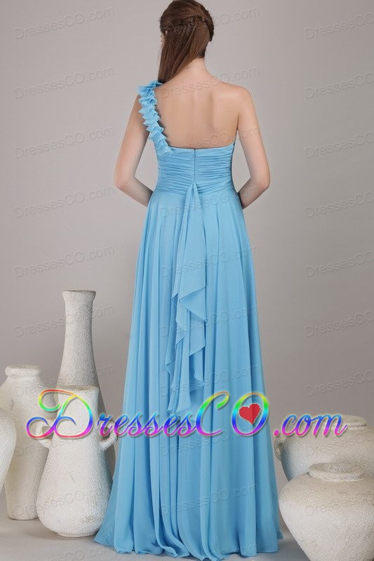 Baby Blue Empire One Shoulder Long Chiffon Ruched Prom Dress