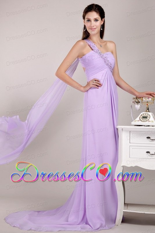 Lavender Empire One Shoulder Watteau Train Chiffon Beading Prom / Party Dress