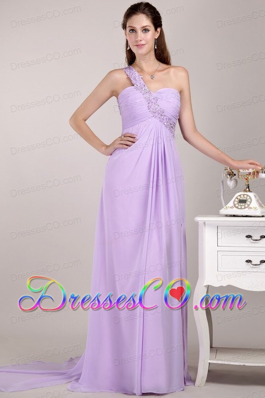 Lavender Empire One Shoulder Watteau Train Chiffon Beading Prom / Party Dress