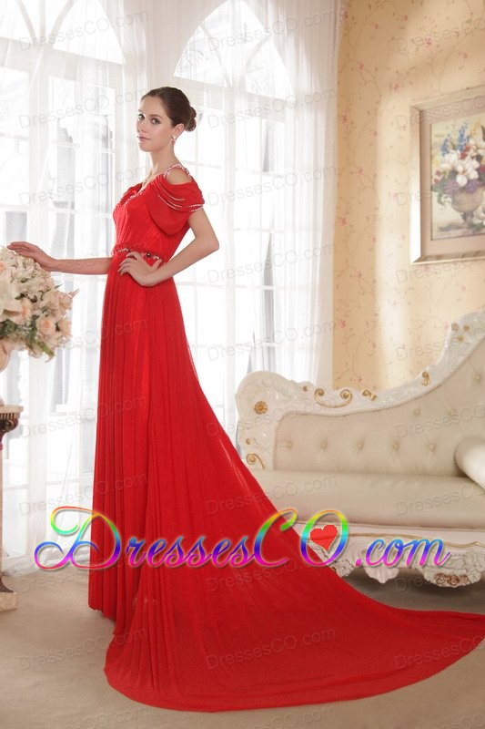 Red Empire V-neck Chapel Train Chiffon Beading Prom Dress