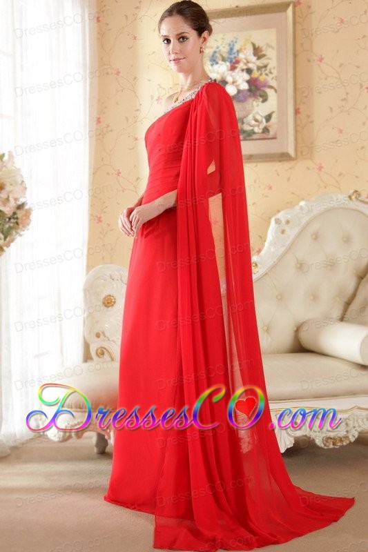 Red Column One Shoulder Watteau Train Chiffon Beading and Sequin Prom Dress