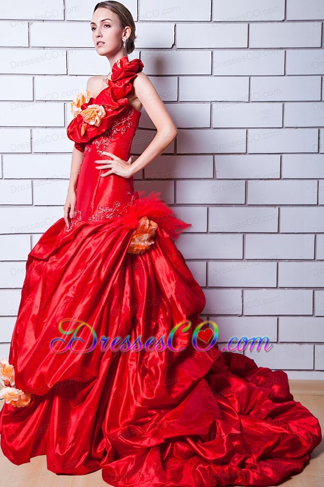 Red A-line One Shoulder Brush Train Taffeta Appliques and Hand Made Flowers Prom Dress
