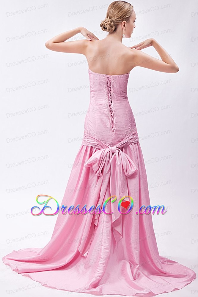 Baby Pink Mermaid Beading Prom Dress Brush Train Taffeta