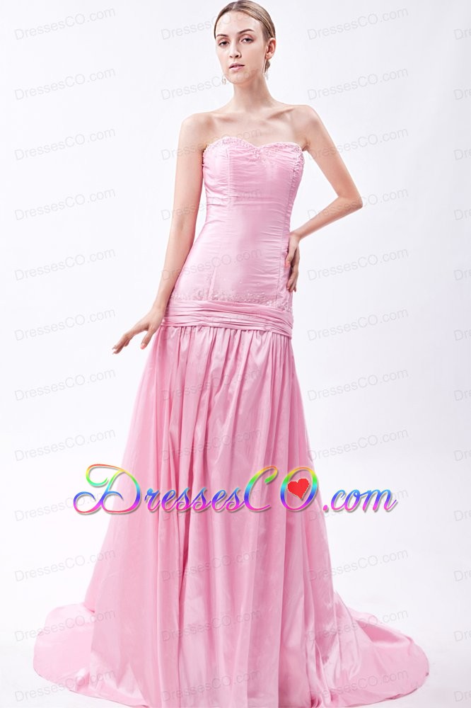 Baby Pink Mermaid Beading Prom Dress Brush Train Taffeta