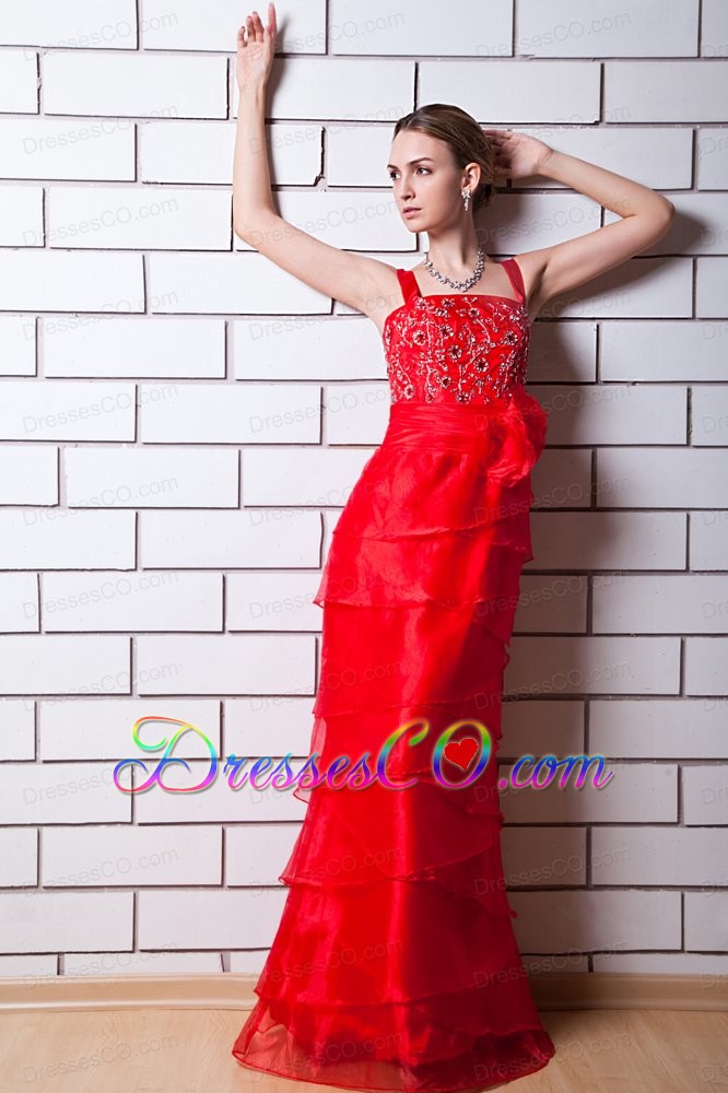 Red Column Straps Long Organza Beading Prom Dress