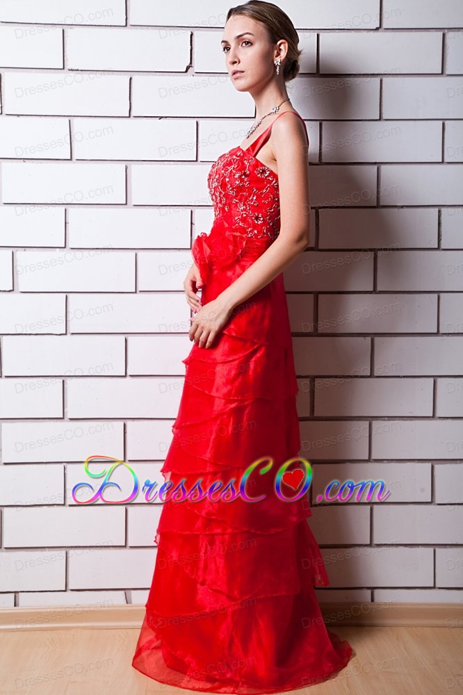 Red Column Straps Long Organza Beading Prom Dress