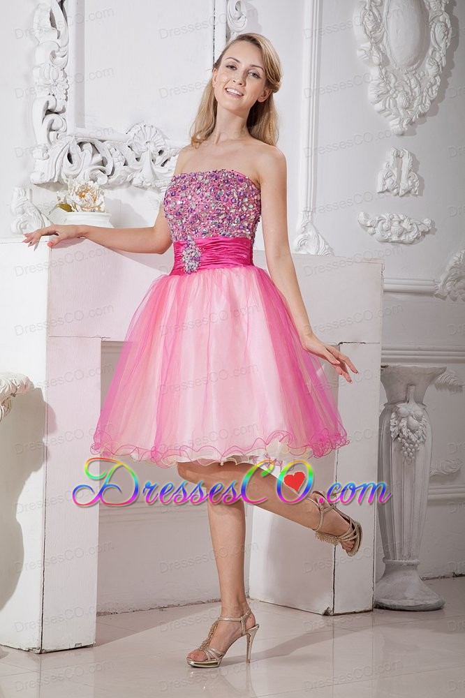Pink A-line Strapless Short Prom Dress Taffeta And Organza Beading Knee-length