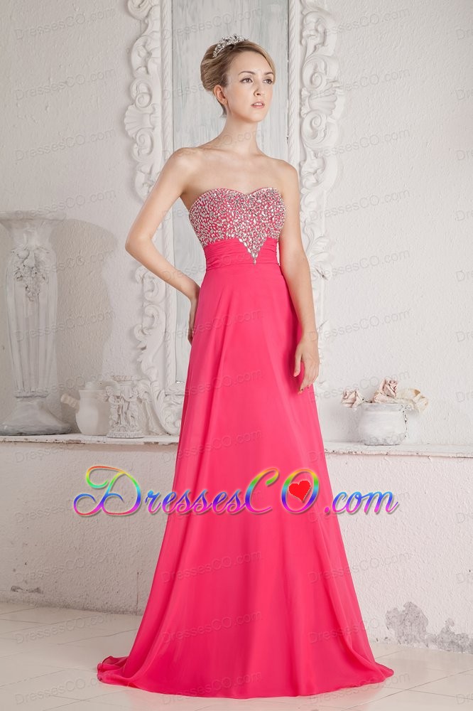 Coral Red Empire Beading Prom Dress Long Chiffon