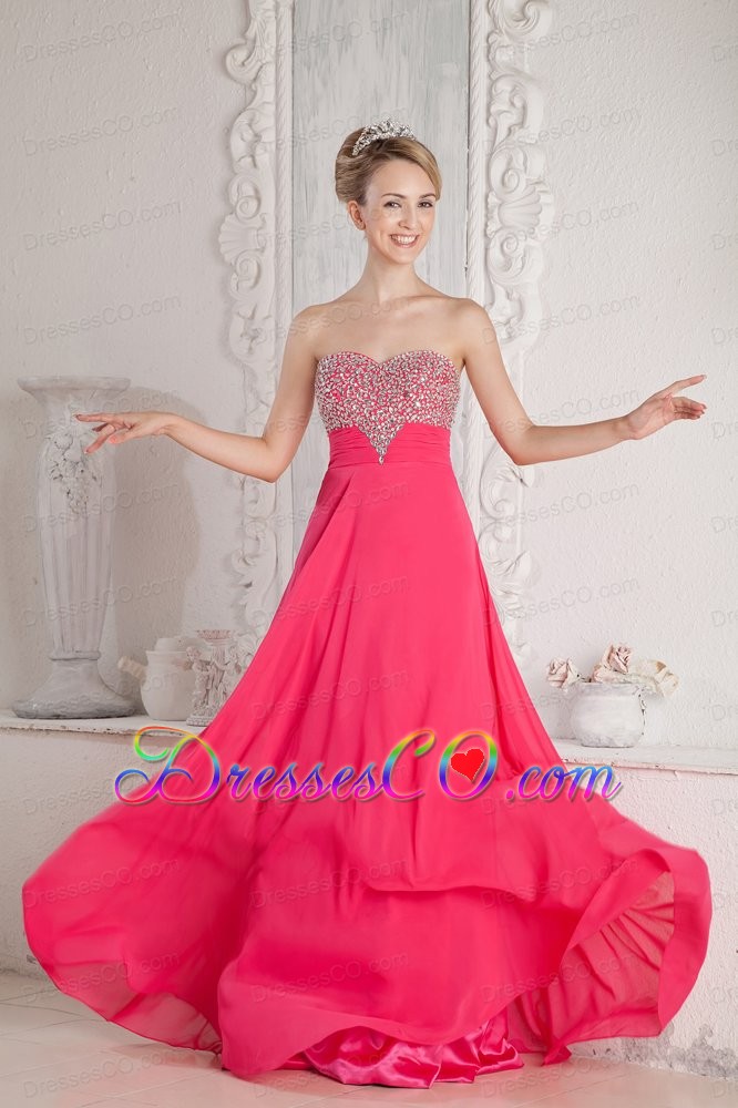 Coral Red Empire Beading Prom Dress Long Chiffon