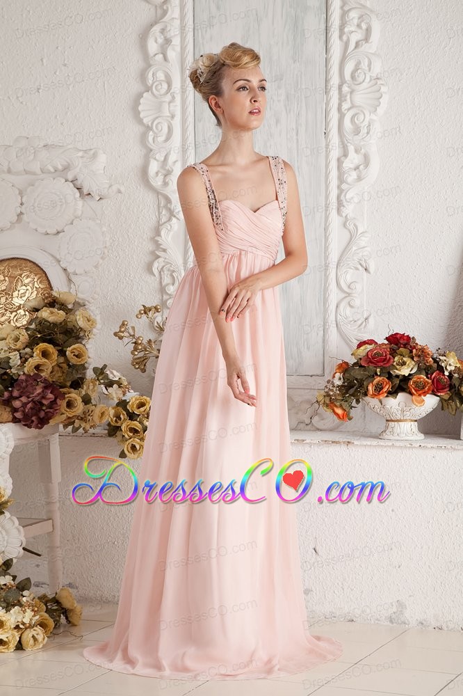 Baby Pink Empire Straps Beading and Ruching Prom Dress Brush Train Chiffon