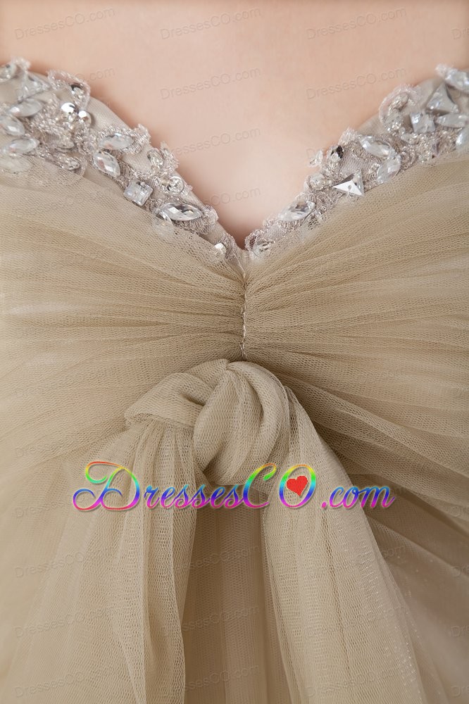 Brown Empire Brush Train Tulle Beading and Ruched Prom Dress