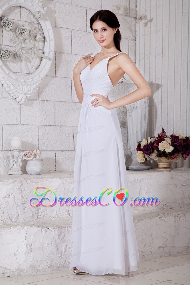 White Empire Straps Beading Prom / Evening Dress Long Chiffon