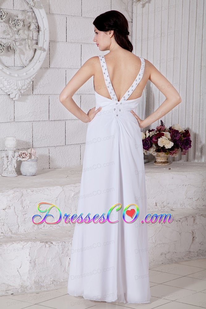 White Empire Straps Beading Prom / Evening Dress Long Chiffon