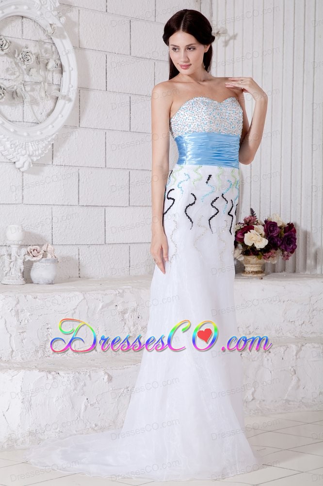 Elegant White Prom / Evening Dress with Muti-Color Beading and Light Blue Belt