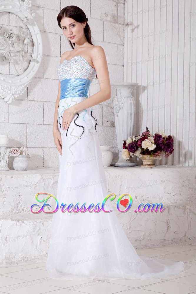 Elegant White Prom / Evening Dress with Muti-Color Beading and Light Blue Belt